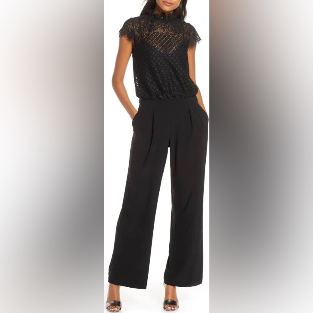 Julia Jordan Lace Blouson Jumpsuit Women's 6 Black Zipped Back Keyhole